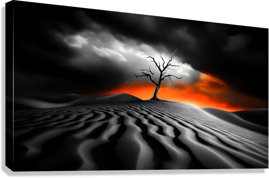 Solitary Gnarled Tree Desert Golden Hour Storm Clouds Bright Orange Sunset High Contrast Fine Art Texture Contrast Canvas Print