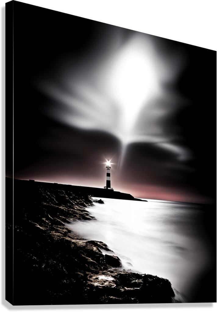 Fine Art High Contrast Photography Lighthouse Beacon Sweeping Dark Ocean Long Exposure Red Color Accent Telephoto Lens Canvas Print