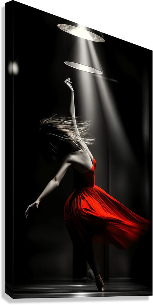 Fine Art High Contrast Photography Dancer Mid Leap Spotlight Red Color Accent Dramatic Movement Art Canvas Print