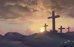 Good Friday landscape with crosses against a suns