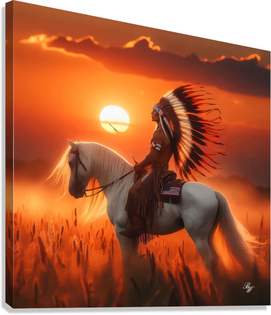 INDIAN ON HORSEBACK AT SUNSET by Billy Wayne Wall Art