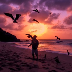 Flying Frigate birds being fed Fernando de Noronha Brazil