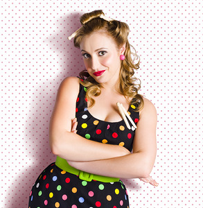 Pretty Retro Cleaning Lady On Polka Dot Background