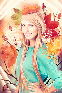 Pretty blond girl in autumn fashion illustration