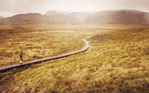 Man on expedition along Cradle Mountain Boardwalk