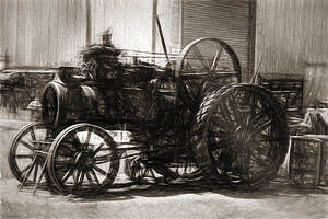 Vintage tractor drawing in industrialised 1900s