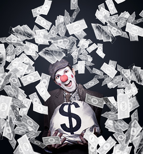 Crazy Clown Excited To Hold A Bag Of Money