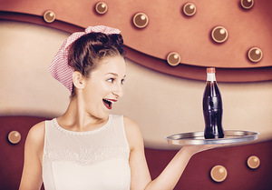 Retro pinup girl holding food and drinks tray