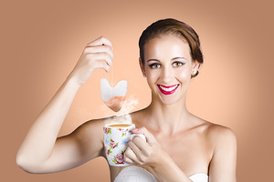 Happy Beautiful Pin Up Girl Drinking Tea Or Coffee
