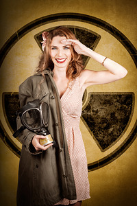 Military pin-up woman. Atomic female bombshell