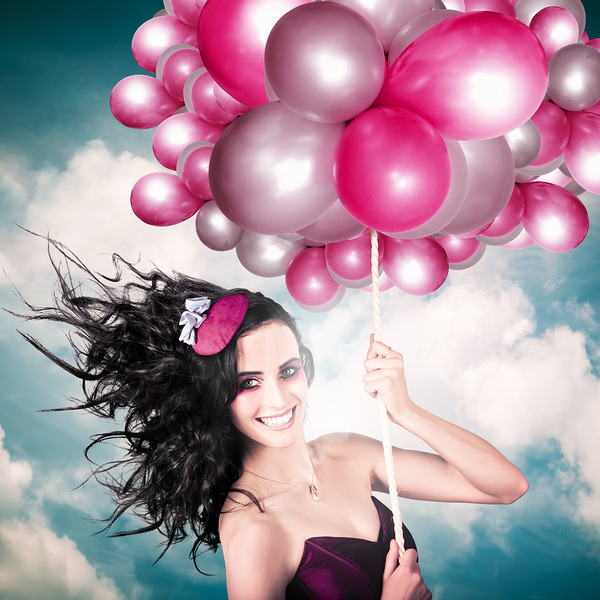Celebration. Happy Fashion Woman Holding Balloons Print