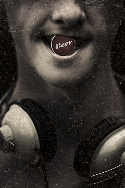 Urban man wearing headphones and beer cap in mouth Print