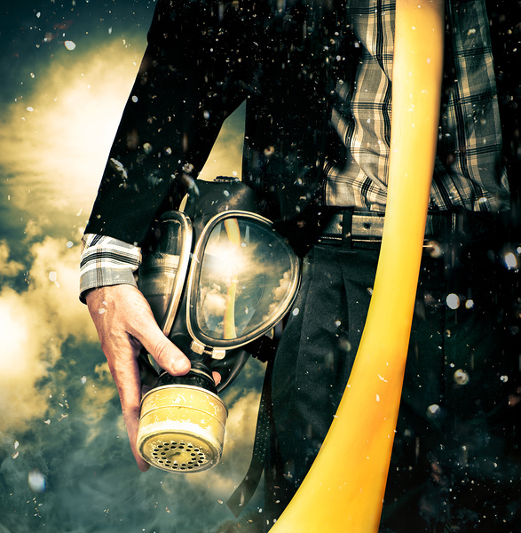 Man with gas mask. New beginning. Sky’s the limit by Jorgo