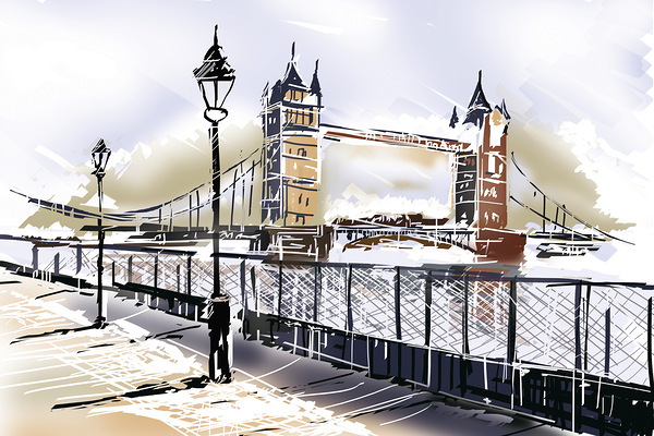 Fine art drawing The Tower Bridge in London UK Print