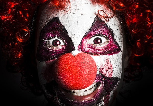 scary and evil clown smiling in dark spooky style by Jorgo