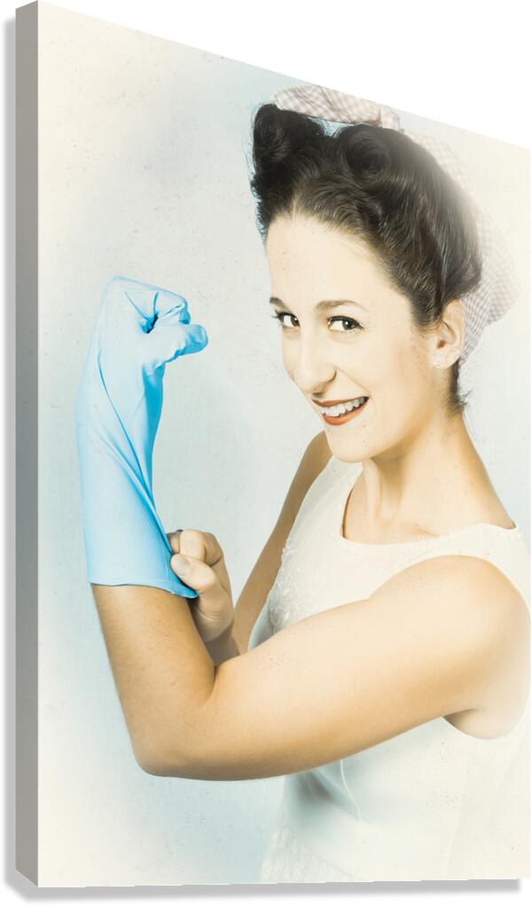 Pinup housewife flexing muscles. Cleaning strength Canvas Print