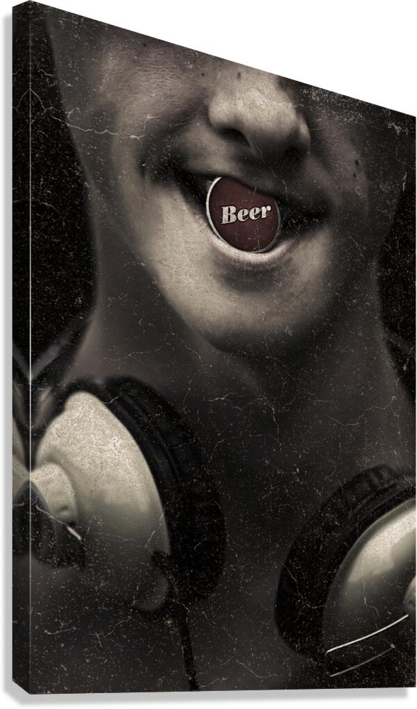 Urban man wearing headphones and beer cap in mouth Canvas Print