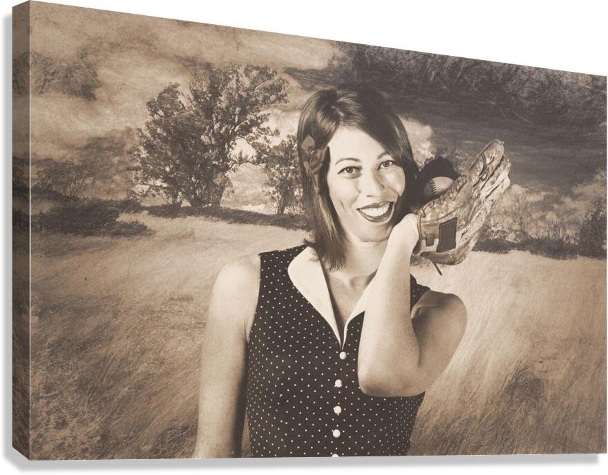 Retro pinup poster girl holding baseball in glove Canvas Print