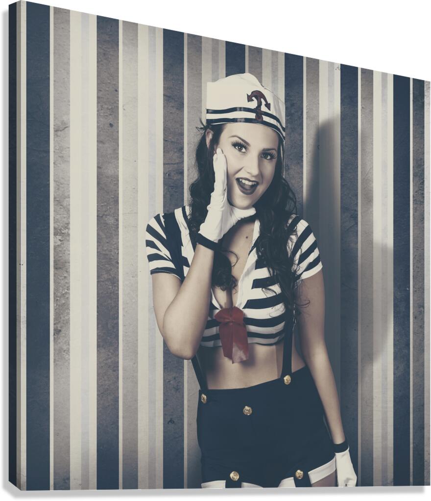 Young retro pinup woman shouting maritime surprise Canvas Print
