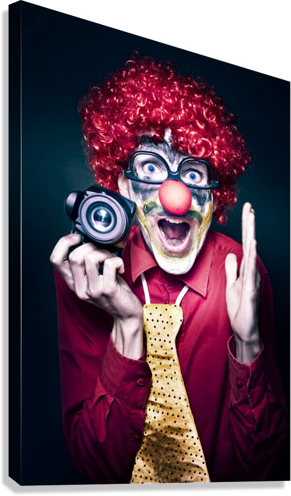 Excited Clown With Camera At Kids Birthday Party Canvas Print