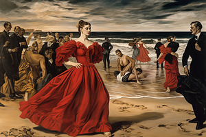 Period Figures Art Deco Acrylic Wall Art Print by Design Delight - Elegant Woman in Elaborate Red Dress on Beach with Vintage Characters - Unique Home Decor - Ready to Hang