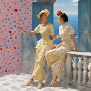 Vintage Chat Acrylic Wall Art Print by Design Delight - Retro Women in Polka Dot Dresses Conversing on Balcony with Sea Background - Charming Home Decor - Ready to Hang