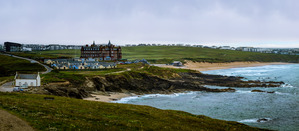 Tranquil Majesty: The Headland Hotel and Fistral Beach on a Rainy Morning