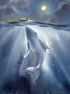 Watercolor Whale and Boat Painting - Dreamy Moonlit Ocean Scene