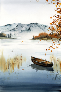Boat on the lake Autumn landscape - 1