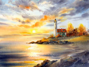 Lighthouse at sunset Autumn landscape