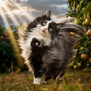 A photo of a cat with its fur blowing in the wind creating a sense of movement and dynamism.