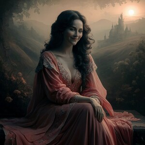A photorealistic painting depicting a mysterious woman with an enigmatic smile. The woman is seated in front of a hazy landscape