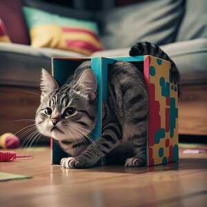 Cat trying to fit into a small box