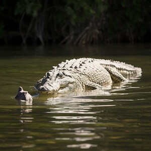 A crocodile stealthily lurking in the murky waters of a river its eyes fixed on an unsuspecting animal. cinematic