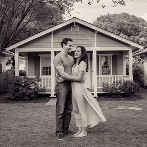 A photorealistic image of a couple a man and a woman standing in front of a cozy cottage