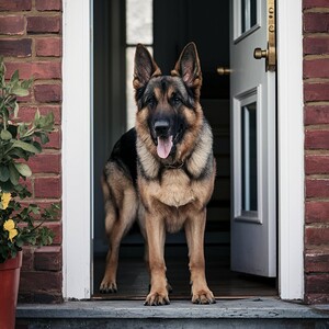 Watchful guard: A German shepherd standing alert at the entrance of a home.