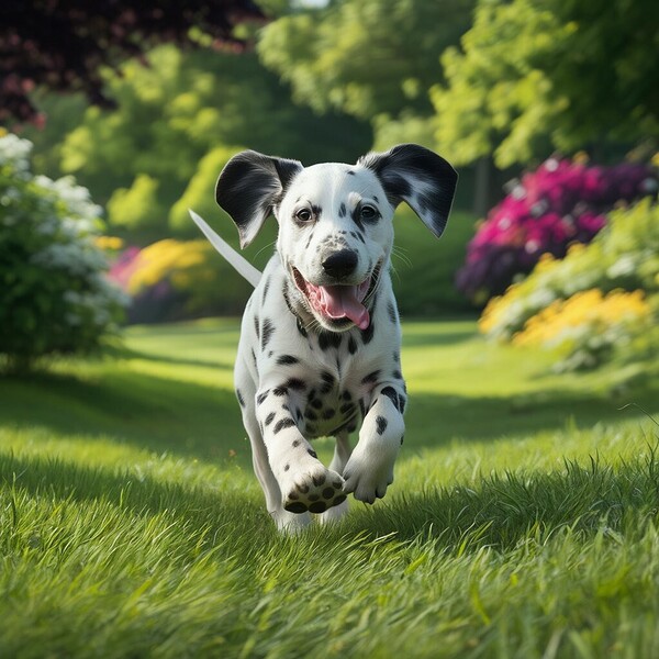 Lively runner: A Dalmatian sprinting happily through a park. Print