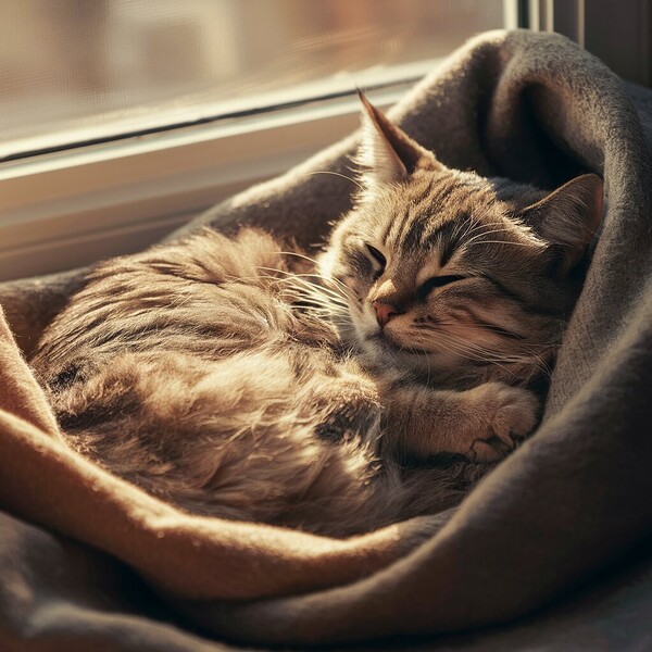 A photo of a cat curled up in a cozy spot basking in the sunlight. Print