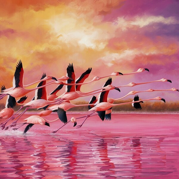 A colorful flock of flamingos taking flight from a pink lake their wings outstretched against the vibrant backdrop. Print