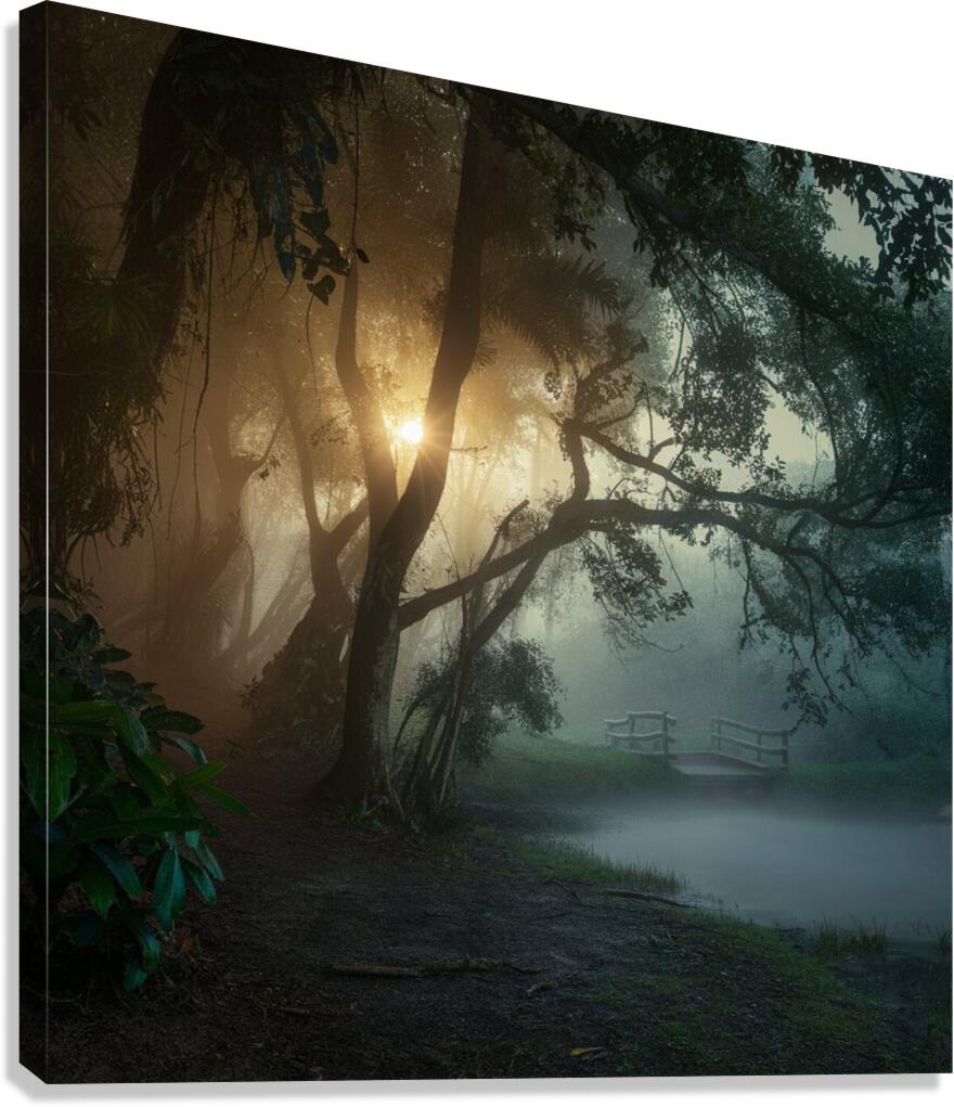 A lush green forest in the early morning mist Canvas Print
