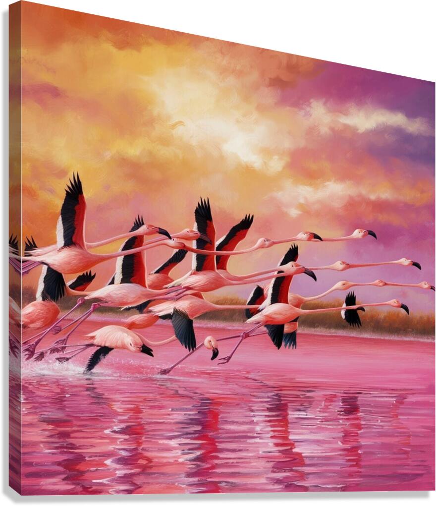 A colorful flock of flamingos taking flight from a pink lake their wings outstretched against the vibrant backdrop. Canvas Print