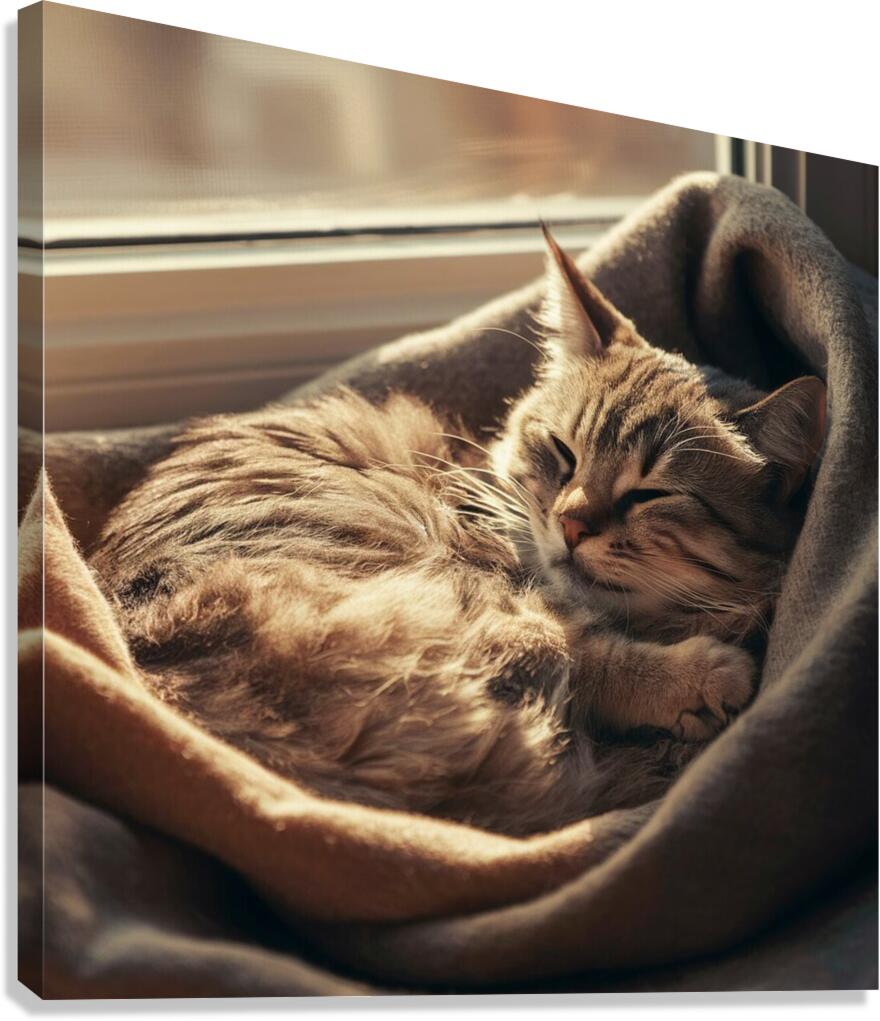 A photo of a cat curled up in a cozy spot basking in the sunlight. Canvas Print