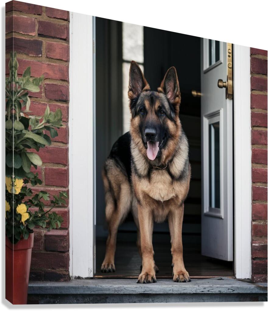 Watchful guard: A German shepherd standing alert at the entrance of a home. Canvas Print