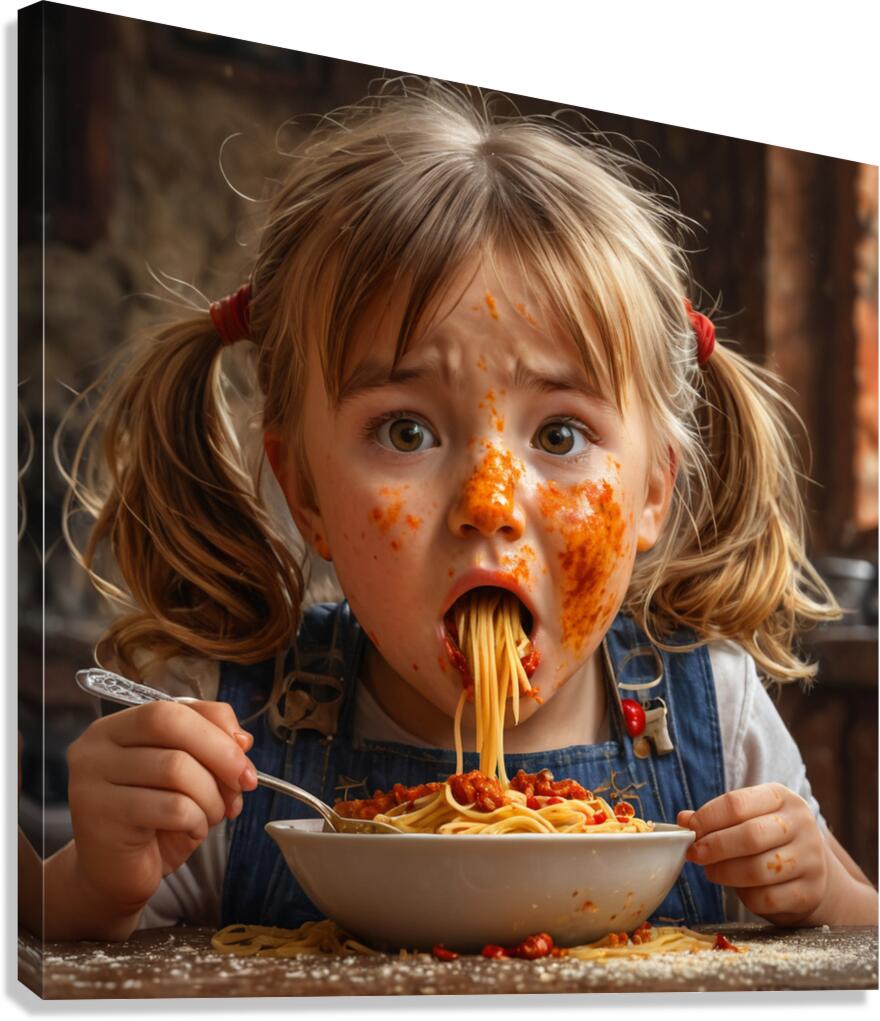 A child eats pasta Canvas Print