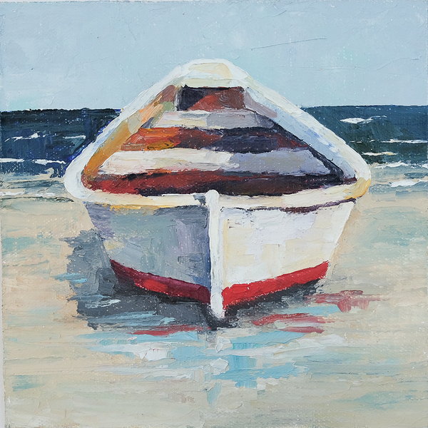 White and Red Rowboat on the Beach  Print