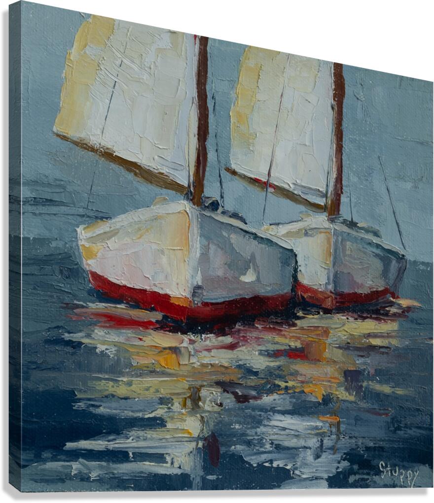 2 White and Red Sailboats Underway  Canvas Print