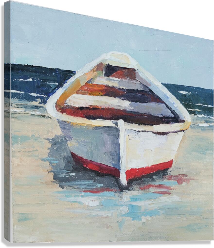 White and Red Rowboat on the Beach  Canvas Print