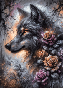 Mystic Wolf and Roses – Charcoal Fantasy Art