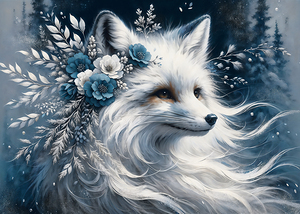 Enchanting White Fox with Floral Crown - Winter Elegance Artwork