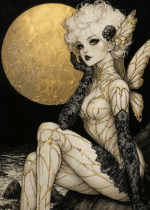 Golden Kintsugi Fairy – Gothic Moonlight Fantasy Art